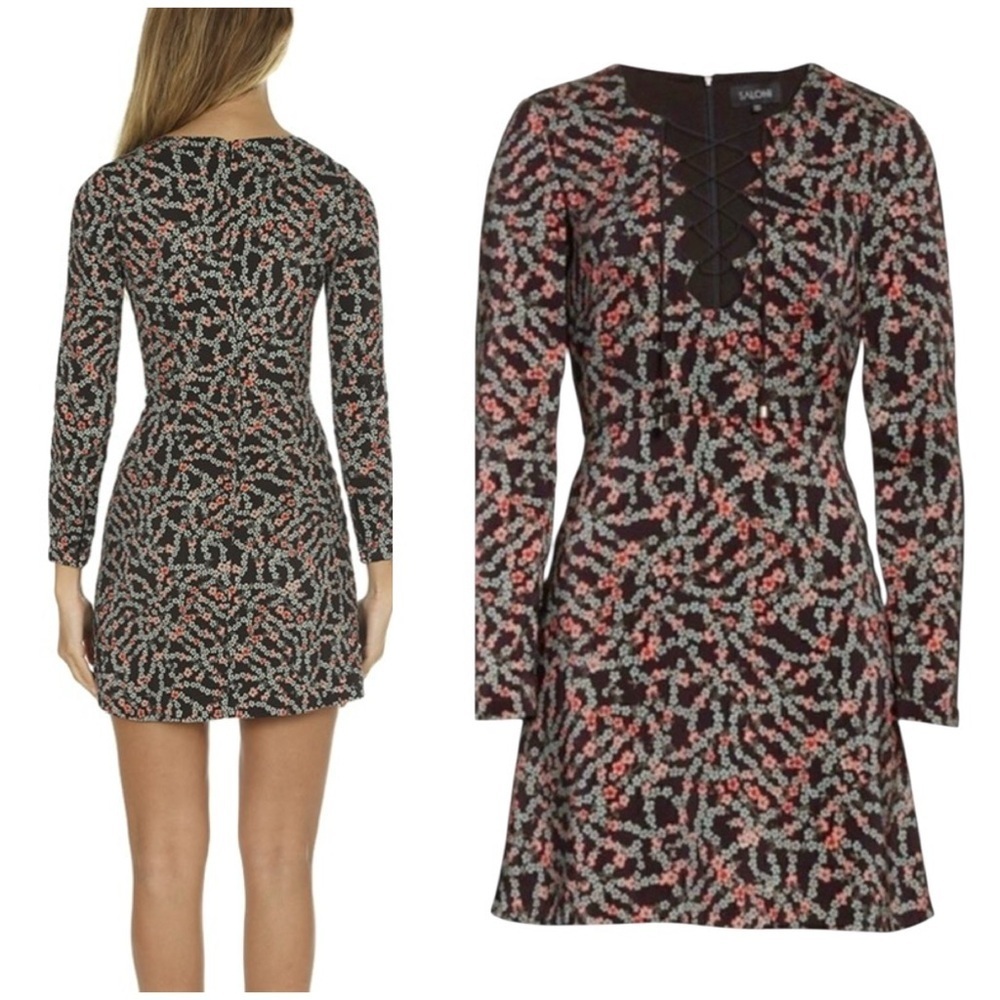 Saloni Nurul Floral Print lace-up V neck Long Sleeve Bodycon Mini Dress Size 6 - Picture 9 of 13